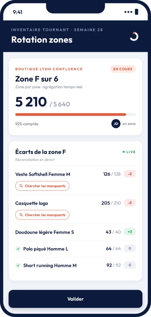 Delserio sur mobile : un inventaire tournant en cours, comptage et écarts de la zone en temps réel